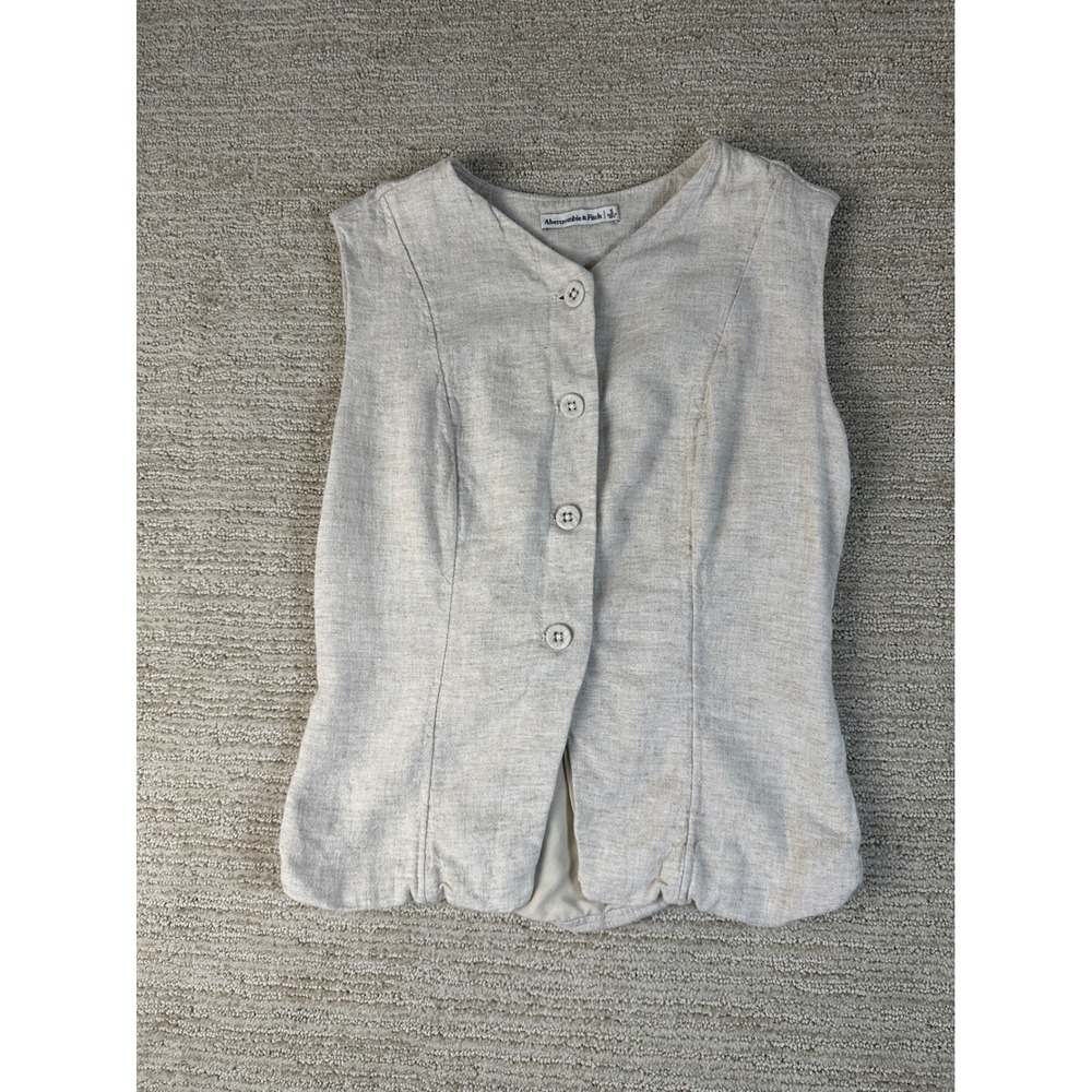 Abercrombie & Fitch Linen Blend Button Front Vest Oatmeal Beige Small